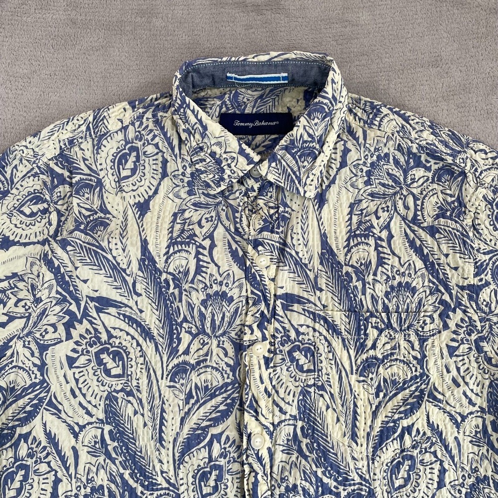 Tommy Bahama Seersucker Shirt Men Medium Blue Floral AOP Short Sleeve NWOT